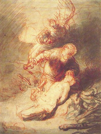 De engel die Abraham verhindert zijn zoon Isaak te offeren door Rembrandt van Rijn
